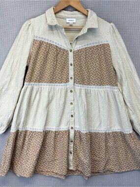 LOVELO Embroidered Color Block Collared Dress Cream Tan Med 100% Cotton Boho EUC